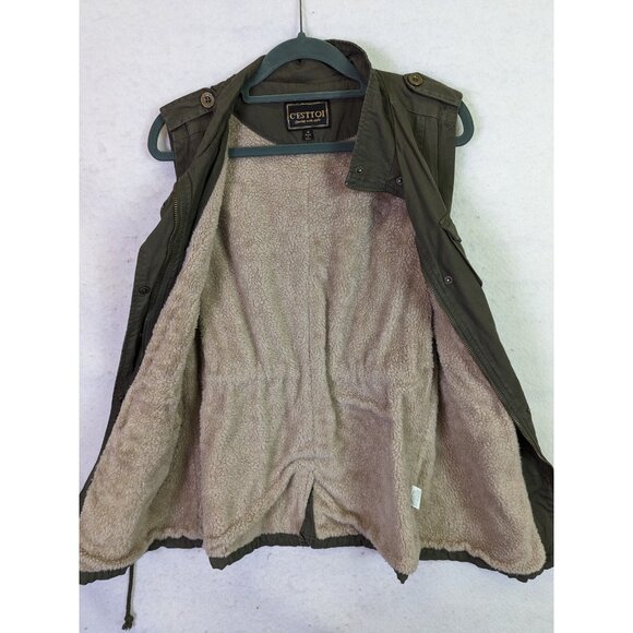 C Esttoi Women size M Vest Green Army Button Up Zip Waist Sherpa Lining Jacket - Picture 9 of 13